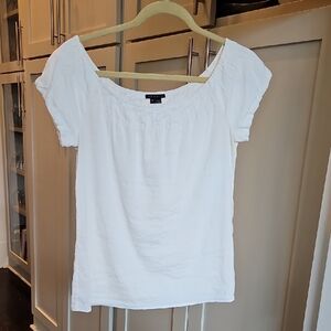 Theory White Puff Sleeve Smocked Blouse